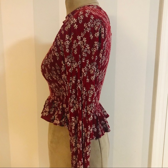 Burgundy Smocked Long-Sleeve Peplum Crop Top - Picture 3 of 7